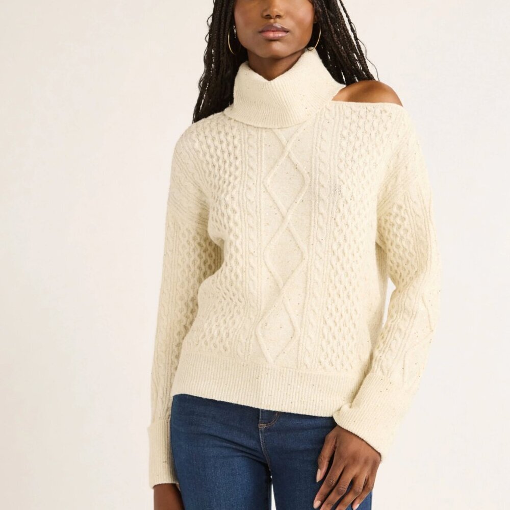 Off-Shoulder Cable Knit Turtleneck Sweater - Cream